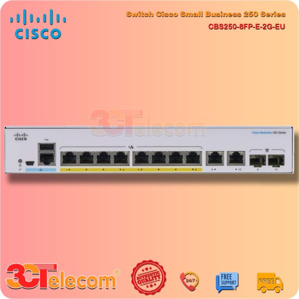 Switch Cisco CBS250-8FP-E-2G-EU: 8-Port 10/100/1000 Mbps PoE+ 120W + 2 Gigabit copper/SFP combo ports