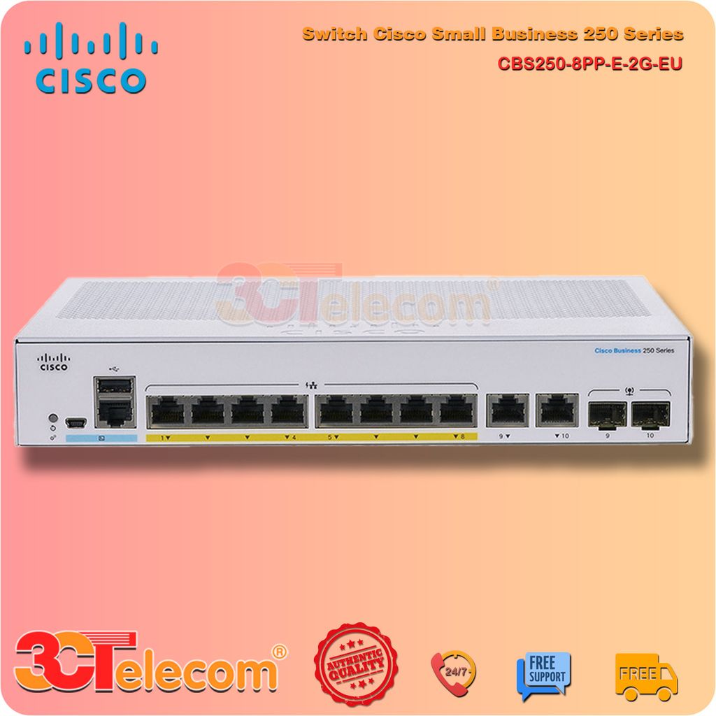 Switch Cisco CBS250-8PP-E-2G-EU: 8-Port 10/100/1000 Mbps PoE+ 45W + 2 Gigabit copper/SFP combo ports