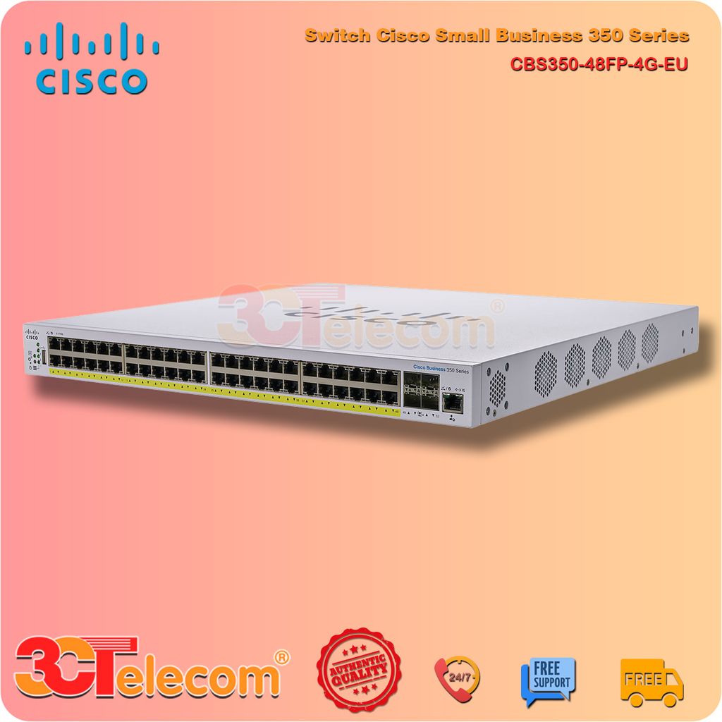 Switch Cisco CBS350-48FP-4G-EU: 48-10/100/1000 PoE+ ports with 740W power budget, 4 Gigabit SFP