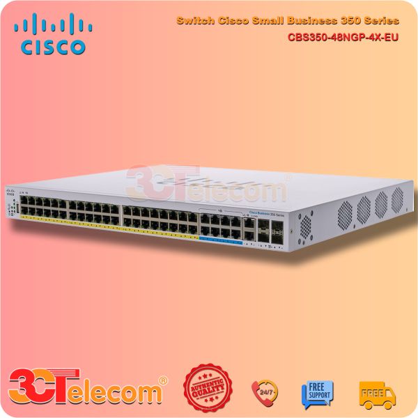 Switch Cisco CBS350-48NGP-4X-EU: 40 x 10/100/1000 PoE+ ports, 8 x 100M/1G/2.5G/5G PoE+ ports (8 support 60W PoE), 4 x 10G ports (2 x 10G copper/SFP+ combo + 2 x SFP+), 740W PoE