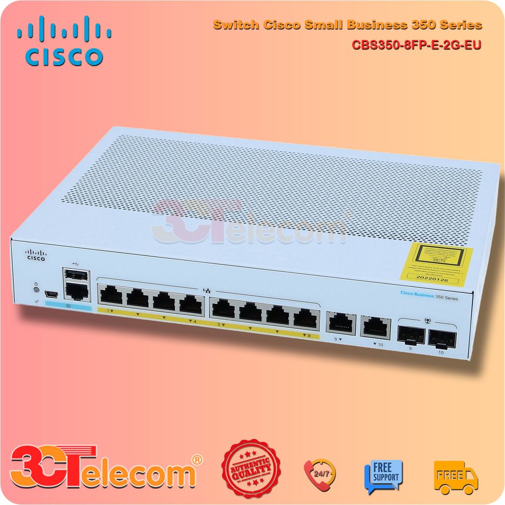 Switch Cisco CBS350-8FP-E-2G-EU:  8-10/100/1000 PoE+ ports with 120W power budget,  2 Gigabit copper/SFP combo ports, Rack-mountable