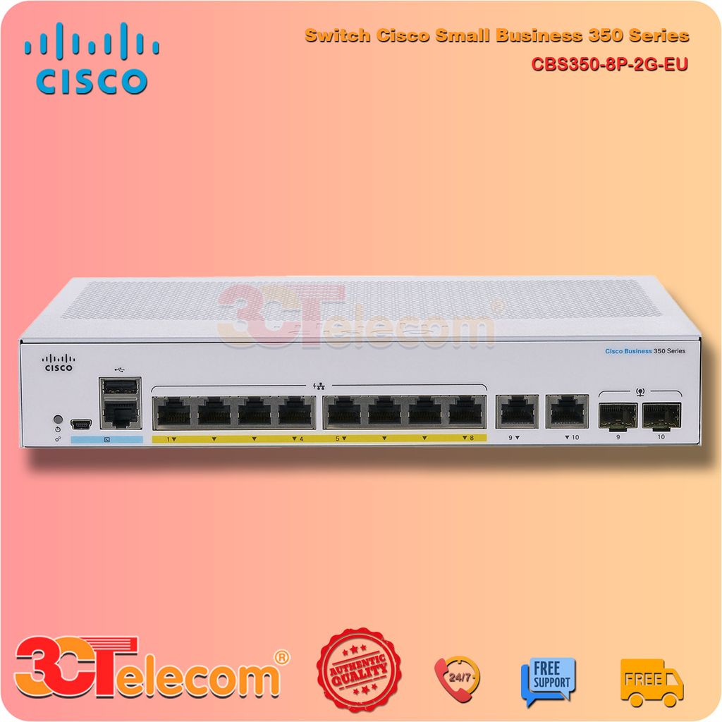 Switch Cisco CBS350-8P-2G-EU: 8-10/100/1000 PoE+ ports with 67W power budget, 2 Gigabit copper/SFP combo ports, Rack-mountable