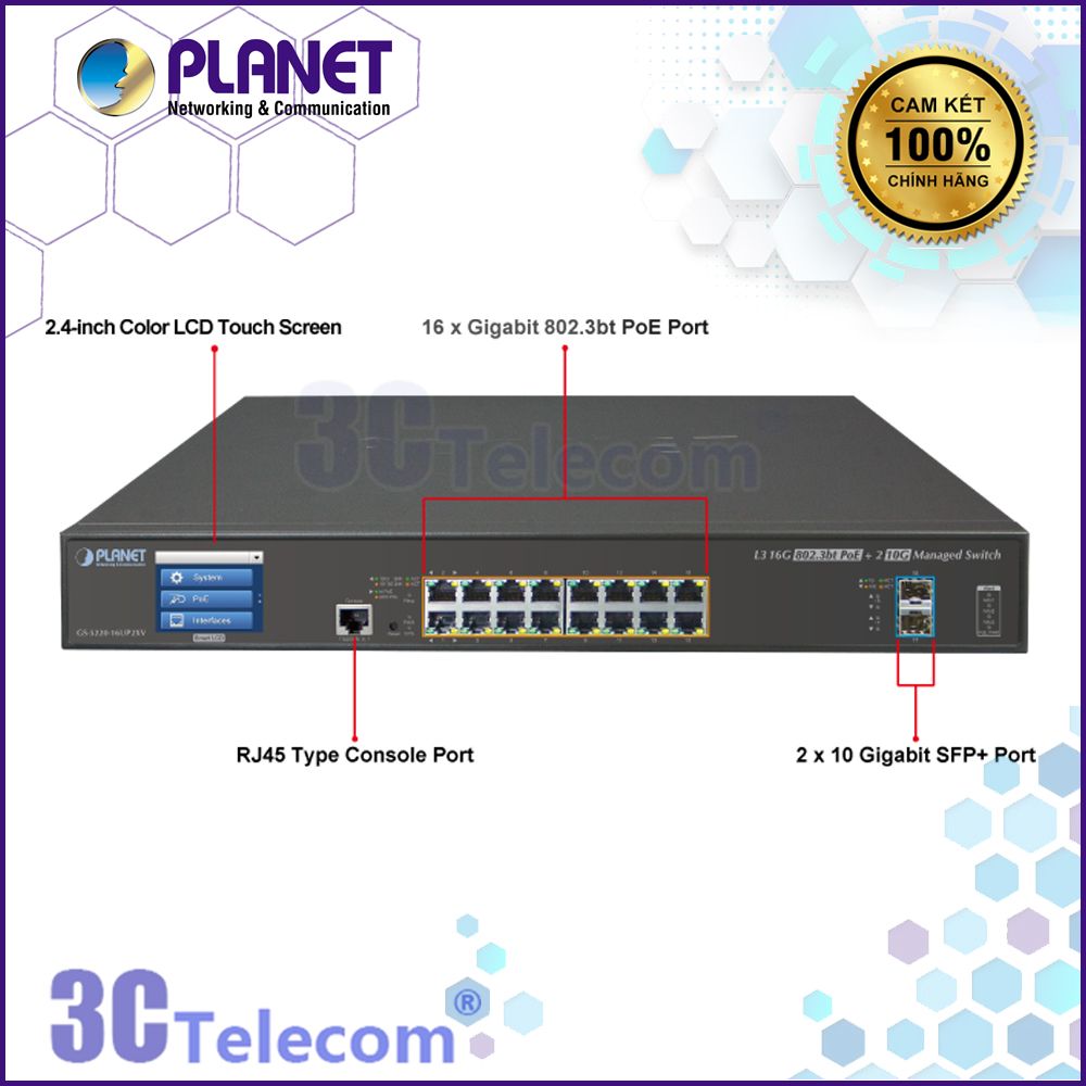 GS-5220-16UP2XV(R): switch L3 16x1G RJ45 PoE , 2x10G SFP+ (LCD Touch Screen)