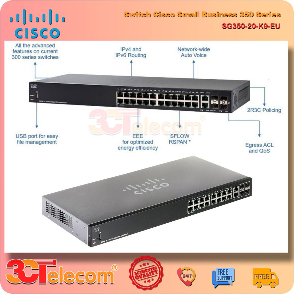 Switch Cisco SG350-20-K9-EU: 16 10/100/1000 ports, 2 Gigabit copper/SFP combo + 2 SFP ports