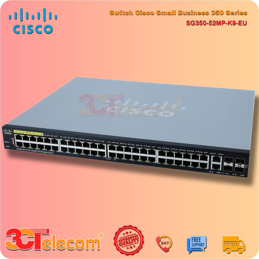 Switch Cisco SG350-52MP-K9-EU:  48-10/100/1000 PoE+ ports (8 support 60W PoE),  2 Gigabit copper/SFP combo + 2 SFP ports, 740W PoE power budget