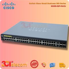 Switch Cisco SG350-52P-K9-EU:  48-10/100/1000 PoE+ ports (8 support 60W PoE),  2 Gigabit copper/SFP combo + 2 SFP ports, 375W PoE power budget