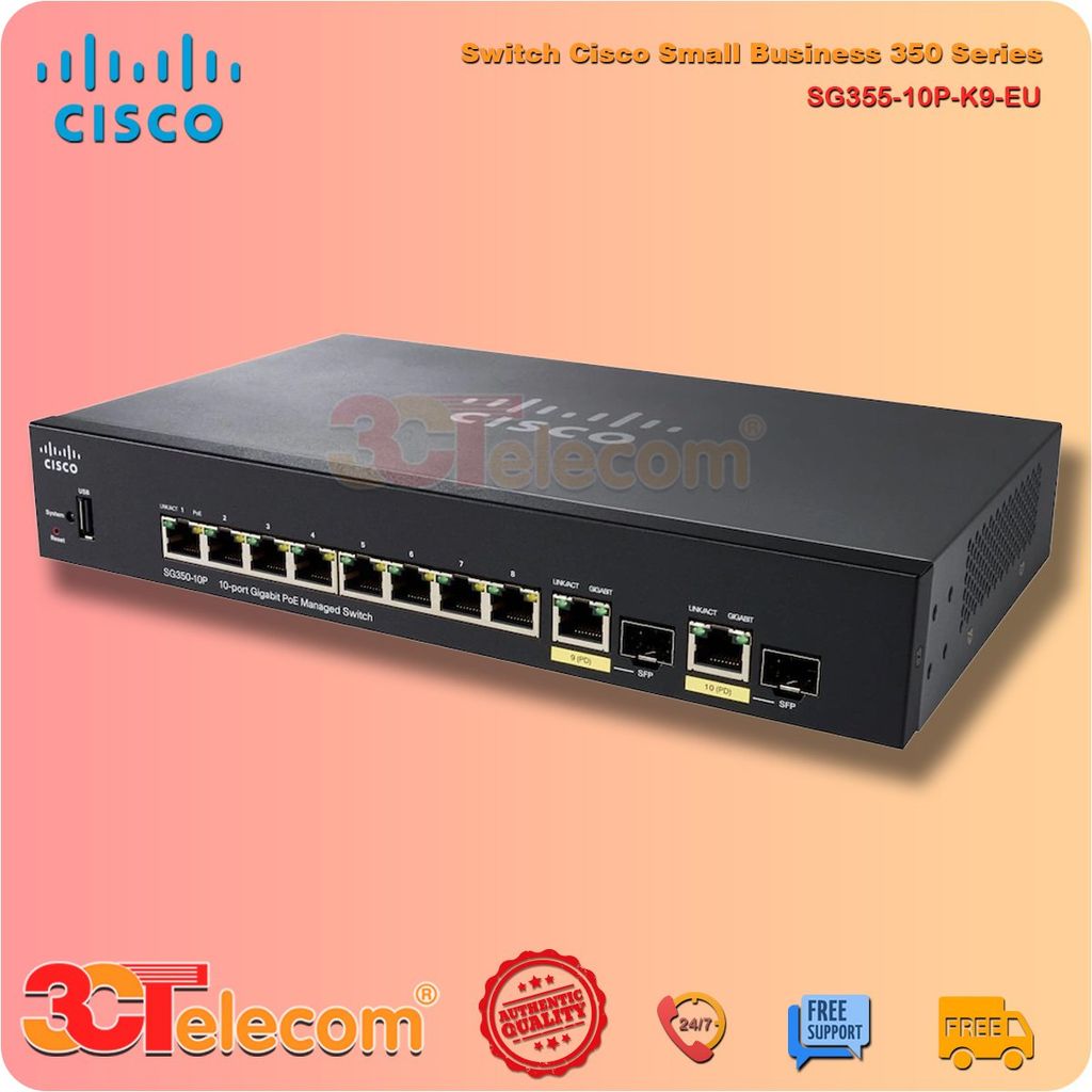 Switch Cisco SG355-10P-K9-EU: 8P-10/100/1000 PoE+ ports, 2 Gigabit copper/SFP combo,  62W PoE power budget