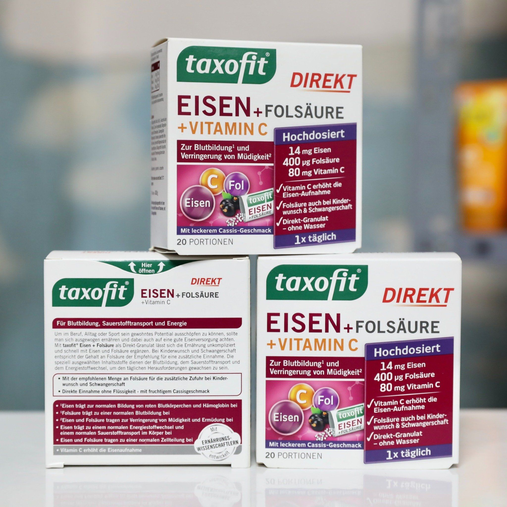 Bột bổ xung sắt TAXOFIT EISEN FOLSAURE DIREKT: Hộp 20 gói bột, sử dụng rất dễ và tiện lợi lại hiệu quả nhanh