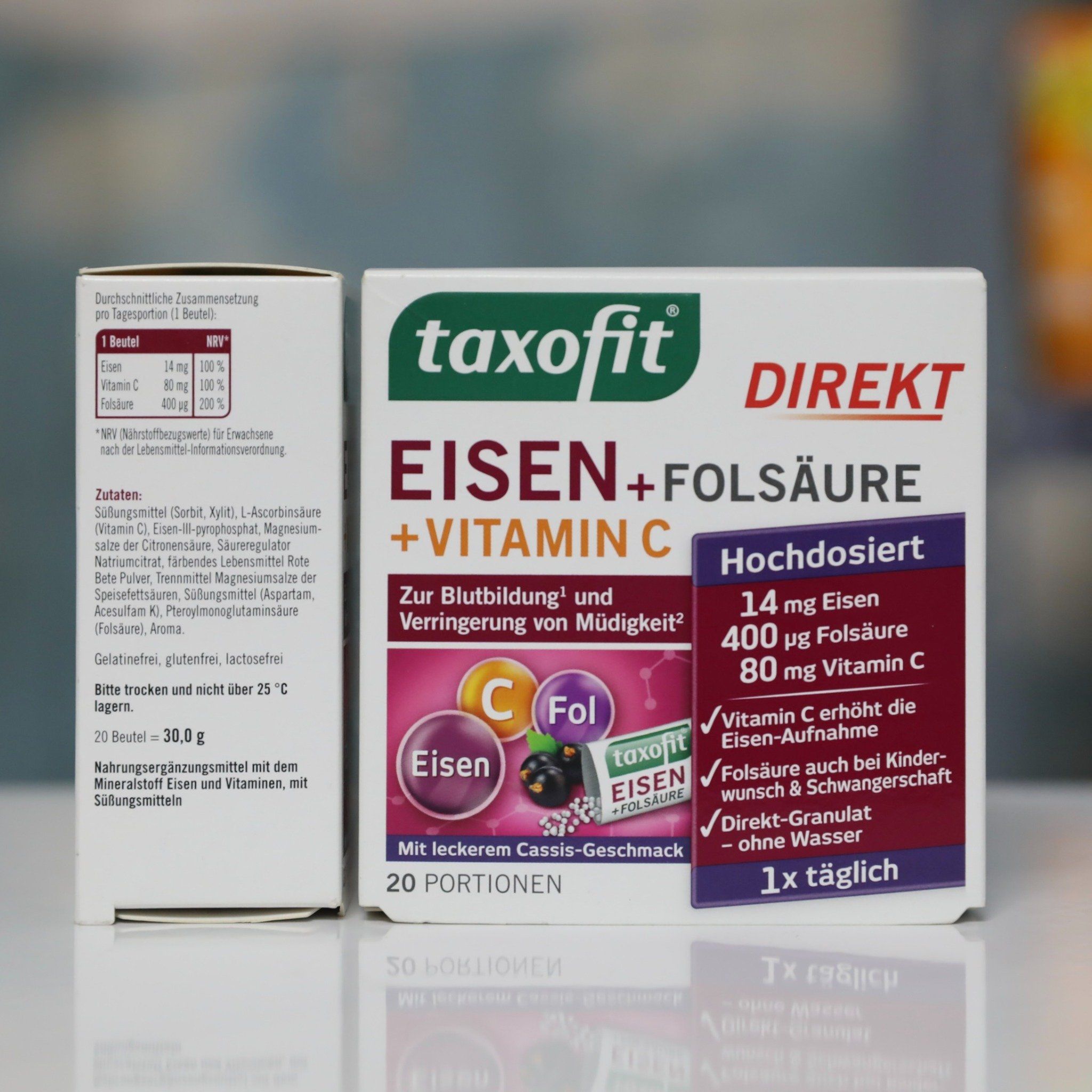 Bột bổ xung sắt TAXOFIT EISEN FOLSAURE DIREKT: Hộp 20 gói bột, sử dụng rất dễ và tiện lợi lại hiệu quả nhanh