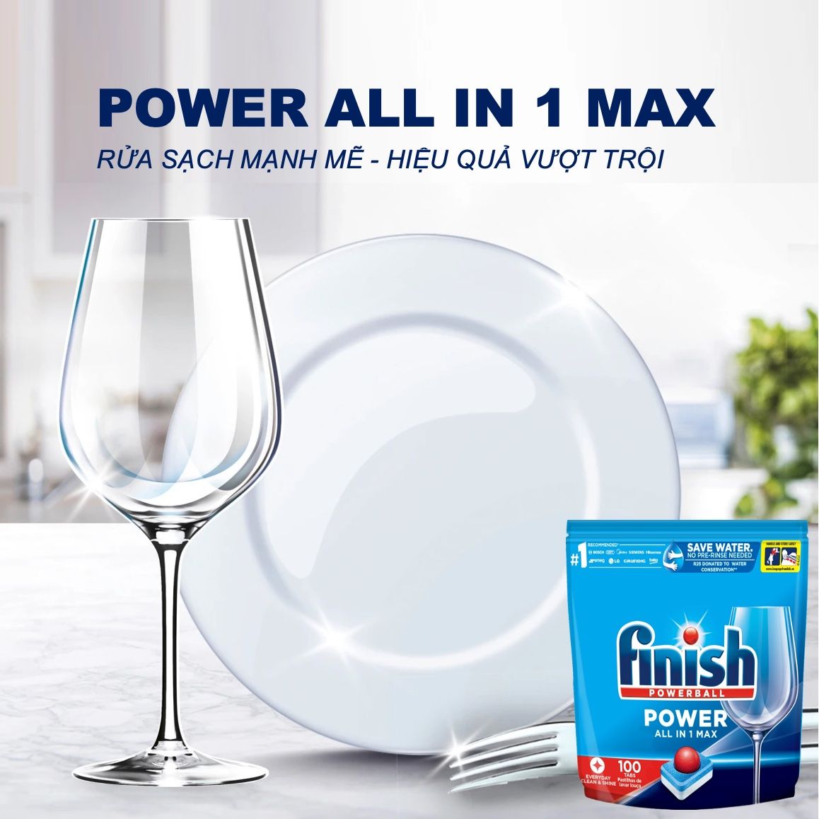 Viên Rửa Bát Finish Power All in 1 Max - Túi 100 Viên | Làm Sạch Vượt Trội, Tiết Kiệm Thời Gian