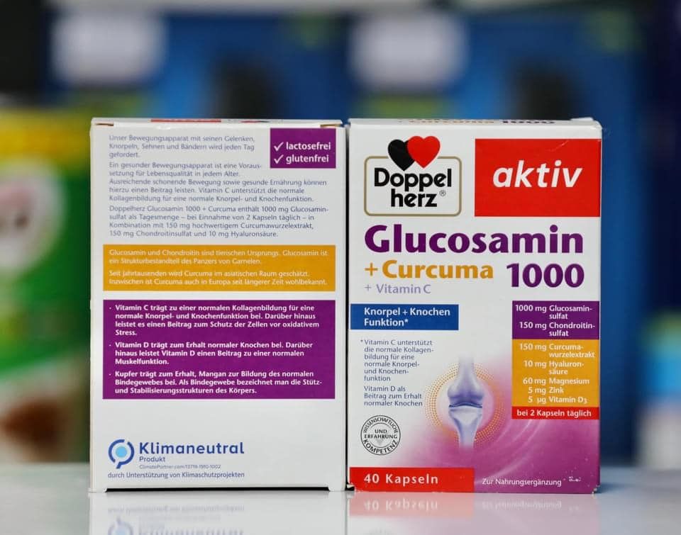 Viên uống Bổ trợ xương khớp Glucosamin 1000 Doppel herz mới kết hợp tinh chất nghệ, hộp 40 viên