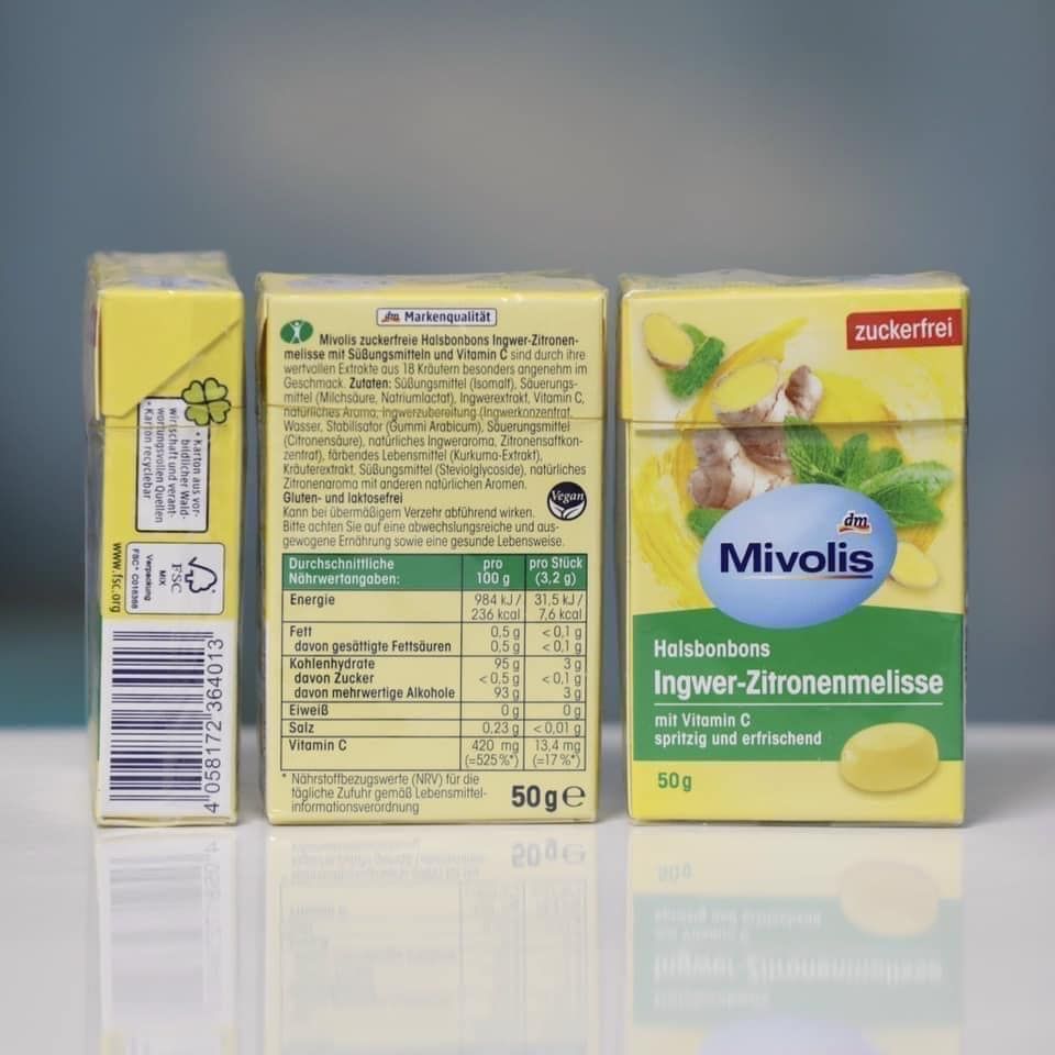 Kẹo ngậm ho chanh gừng hãng Mivolis, hộp 50g
