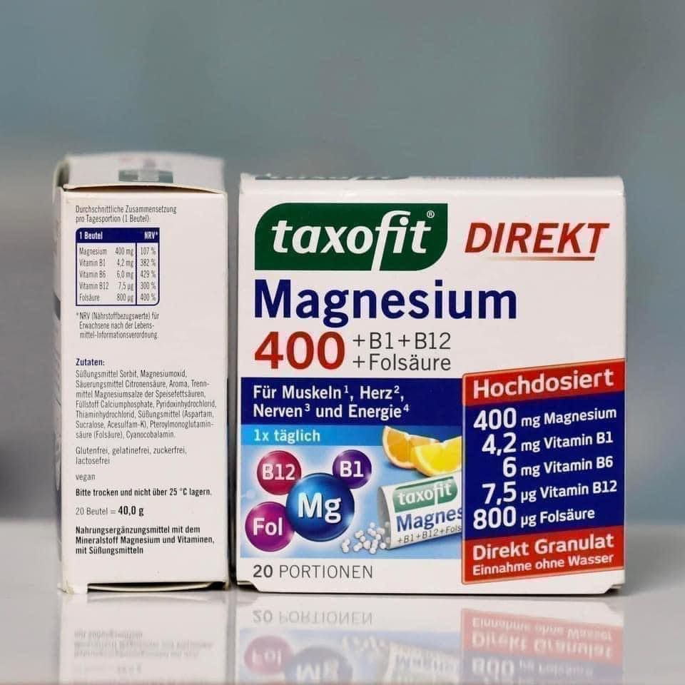 Gói bột Taxofit Magnesium 400 + B1 + B12, Folsaure của Đức hộp 20 gói tiện dụng