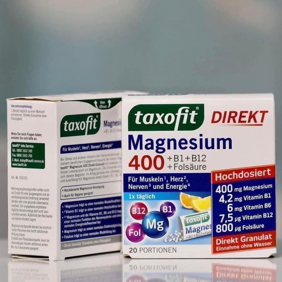 Gói bột Taxofit Magnesium 400 + B1 + B12, Folsaure của Đức hộp 20 gói tiện dụng