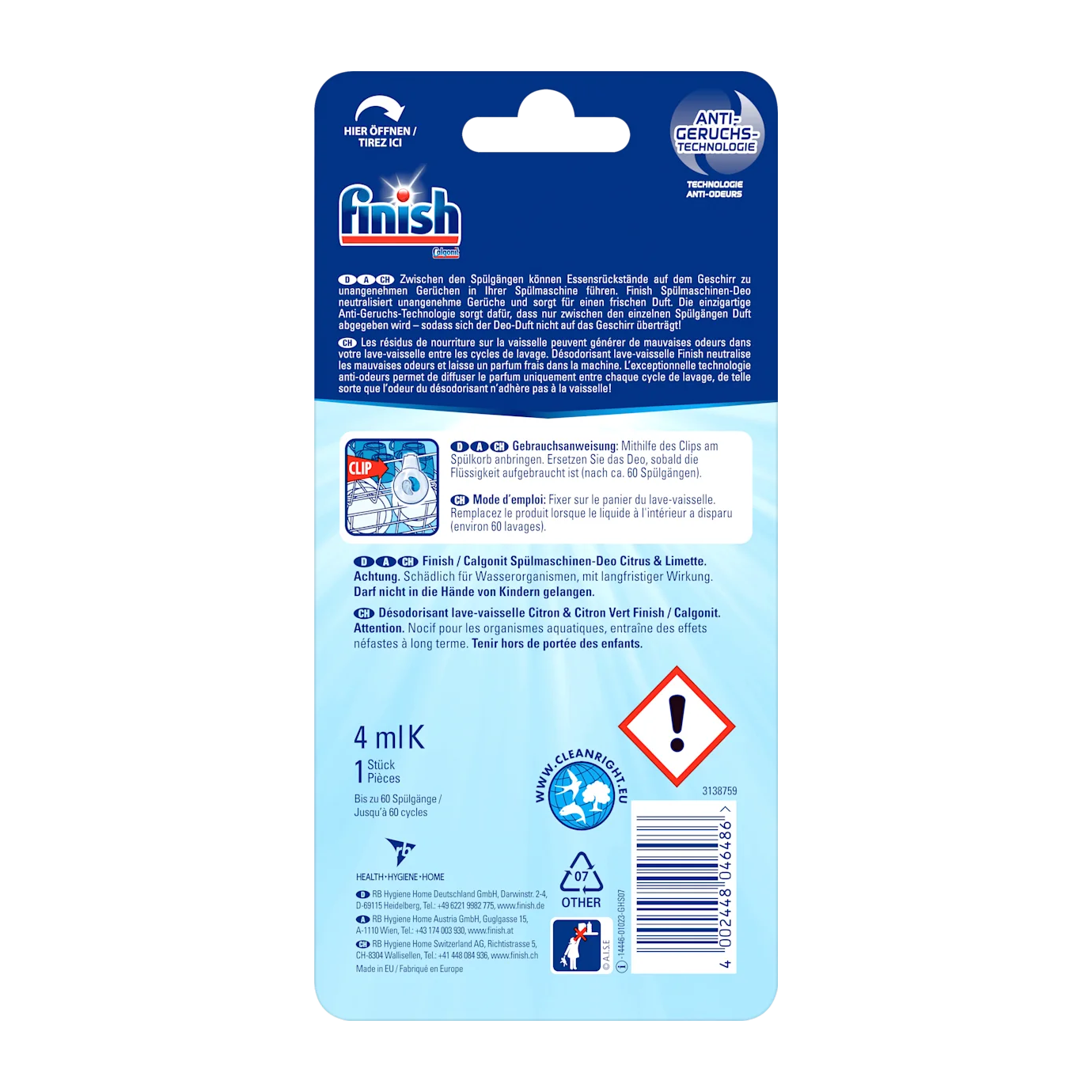 Khử mùi máy rửa chén Finish hương Chanh & Chanh Xanh - 60 lần rửa