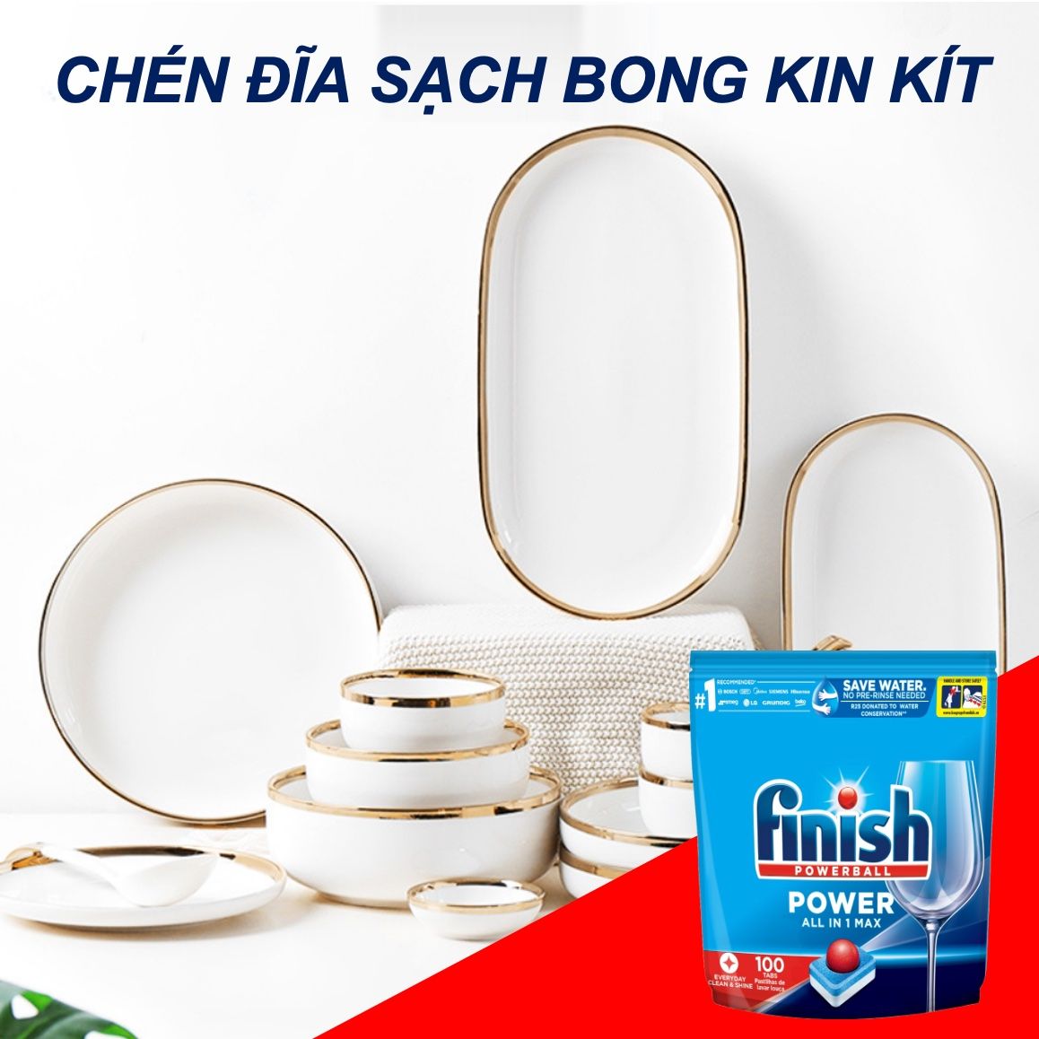 Viên Rửa Bát Finish Power All in 1 Max - Túi 100 Viên | Làm Sạch Vượt Trội, Tiết Kiệm Thời Gian