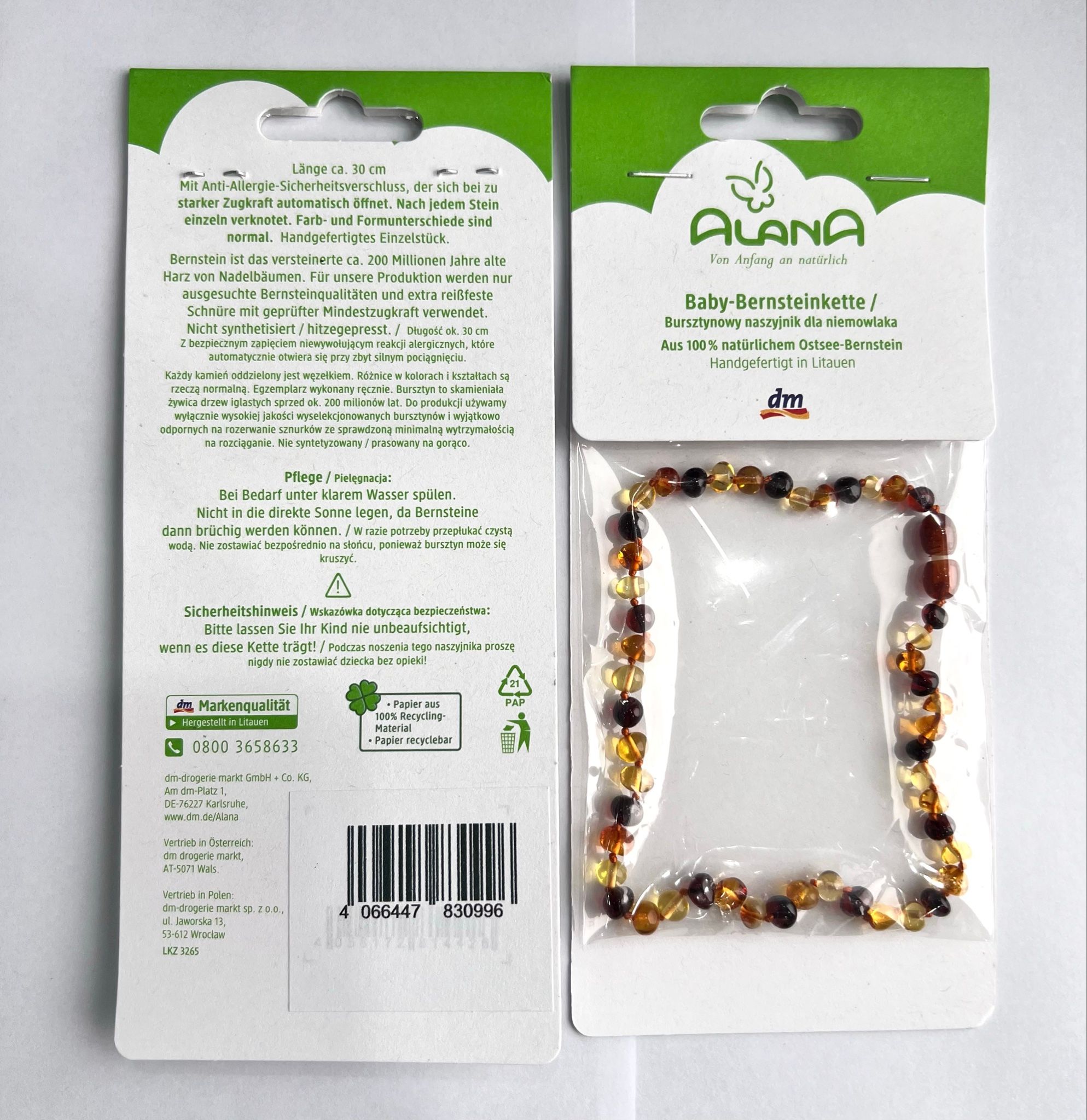 Vòng cổ hổ phách cho bé Alana – Chính hãng DM Đức – 100% hổ phách tự nhiên Baltic – Dài 30cm
