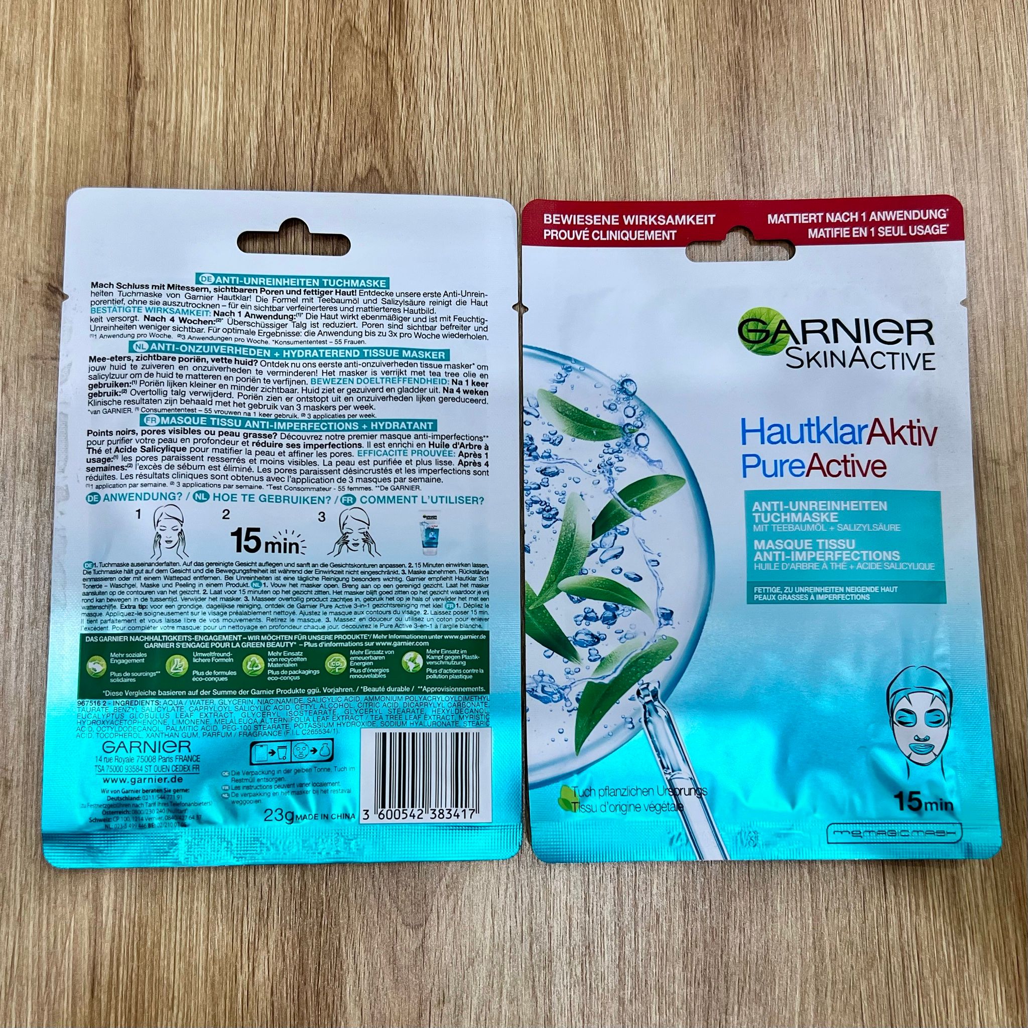Mặt nạ giấy Garnier SkinActive Hautklar Aktiv - Làm sạch sâu & dịu da dầu mụn 28g