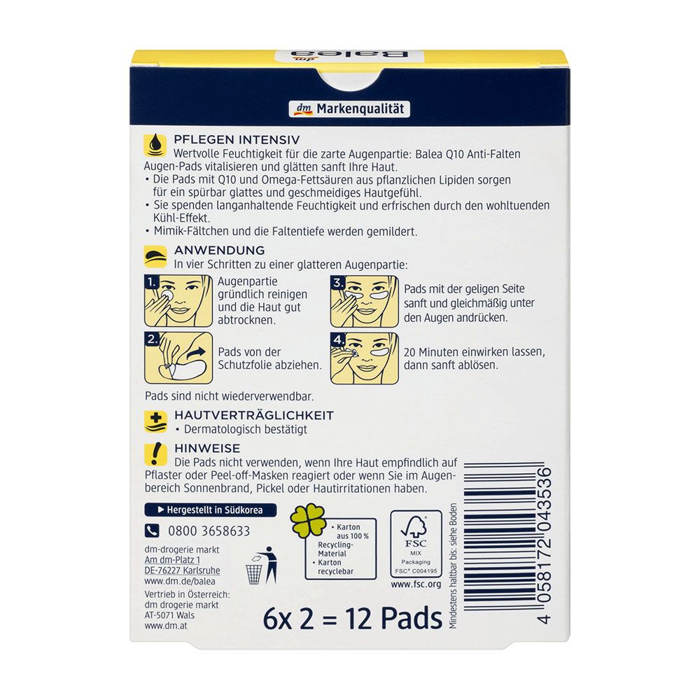 Miếng đắp mắt Balea Q10 Anti falten Augen Pads. (6x2).