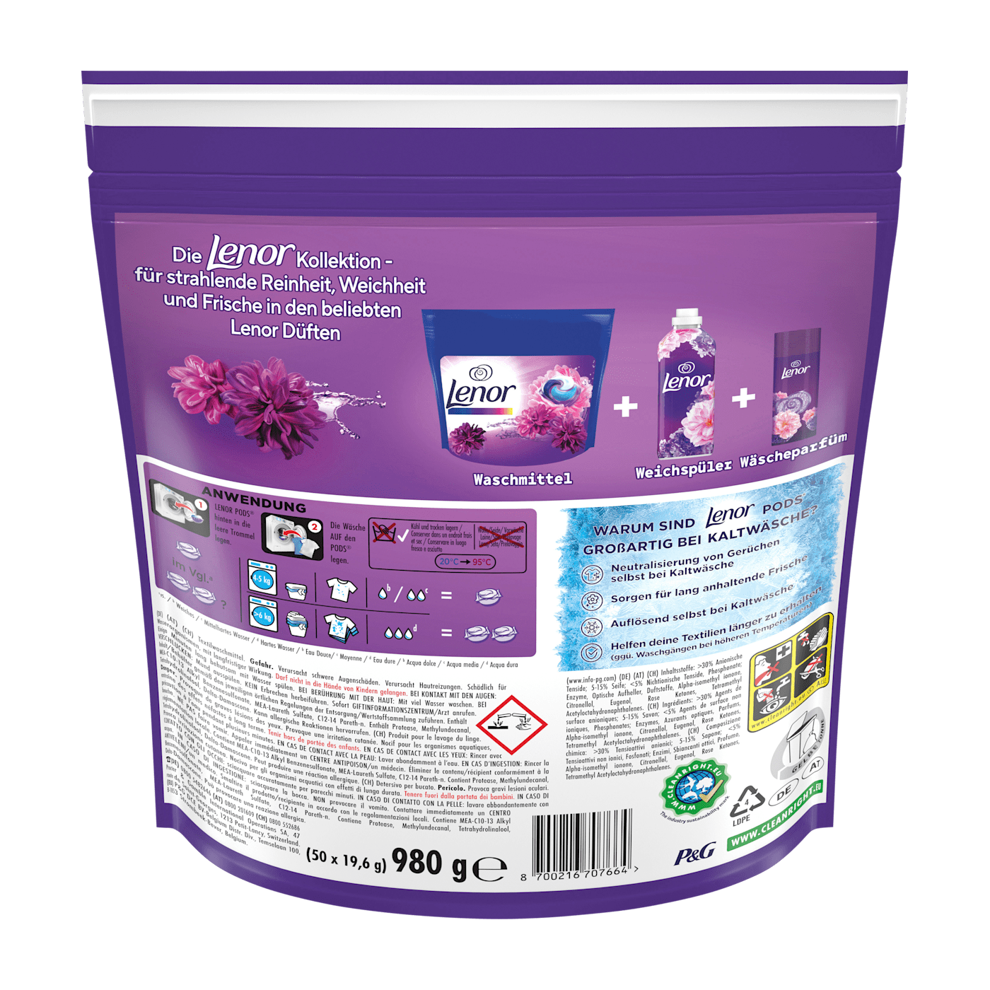 Viên giặt Lenor 3in1 (Làm sạch – bảo vệ màu – lưu hương), túi 50 viên, 980g