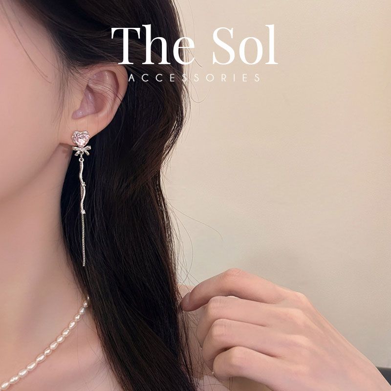 Bông Tai Hàn Quốc Pink Heart Long Line