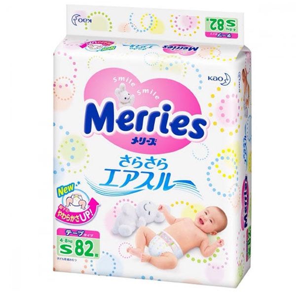 Bỉm Tã dán Merries nội địa S82 (4 - 8kg) - Cộng miếng size S 82 miếng