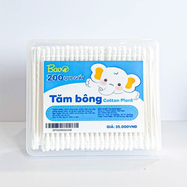 Tăm bông Bavo thân giấy hộp vuông (200 que)