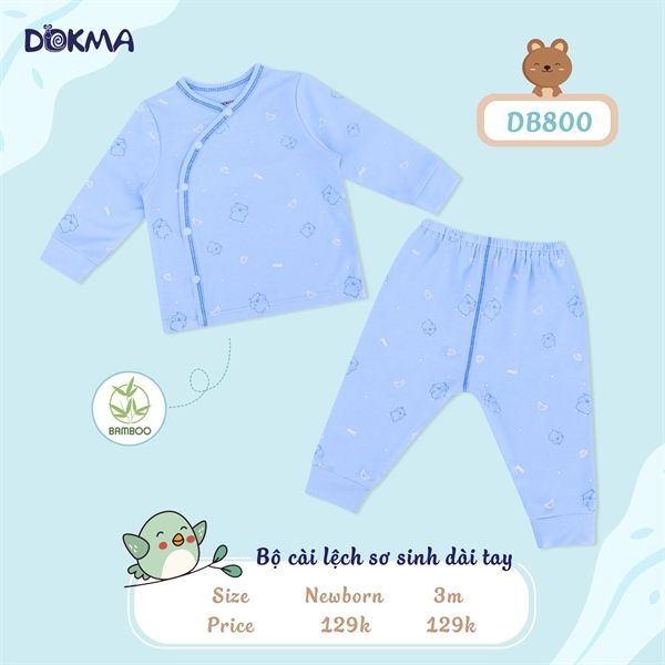 Bộ sơ sinh dài tay cài lệch DB800 Dokma Xanh size 3M