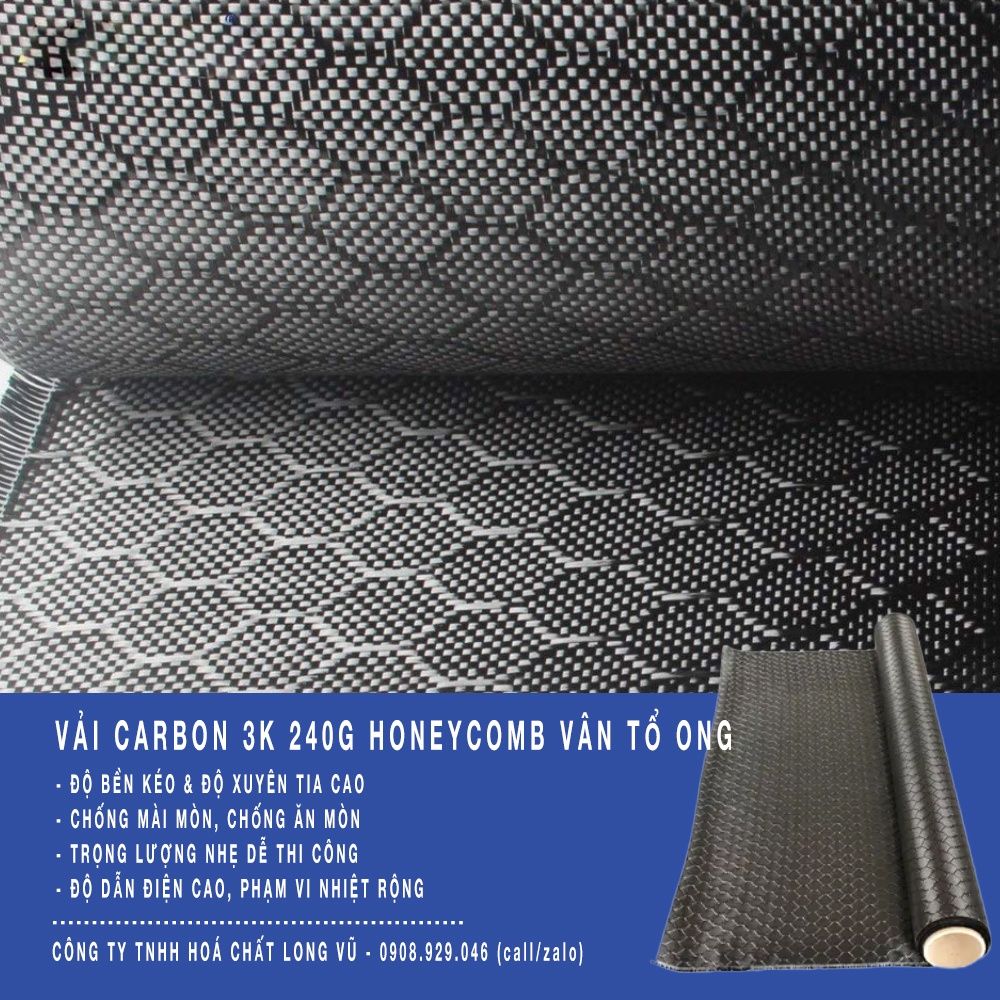 Vải Carbon Fiber 3K 240G Vân Tổ Ong HoneyComb, Vân Chéo Twill, Plain - Ốp dán vải carbon xe máy, ô tô, chống cháy