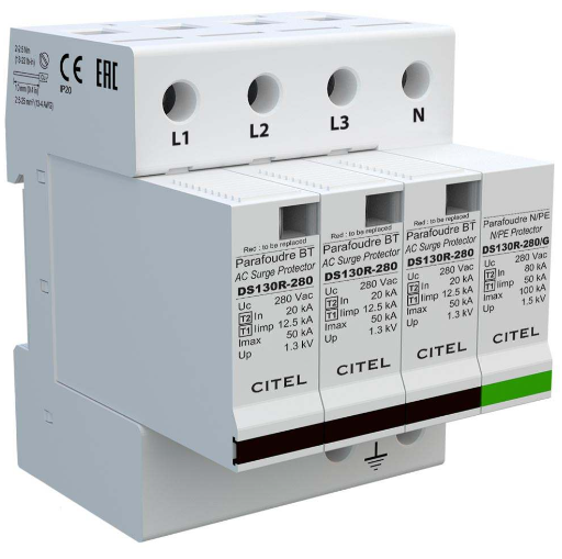 DS134R-280/G Cắt sét 4P (3L+N) Type 1+2 mạng TT-TNS 50kA/P