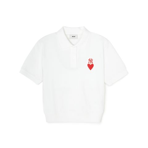 Áo Croptop MLB Korea Women_s Heart Crop Fit Collar T-Shirt New York Yankees White 3FPQH0243-50WHS