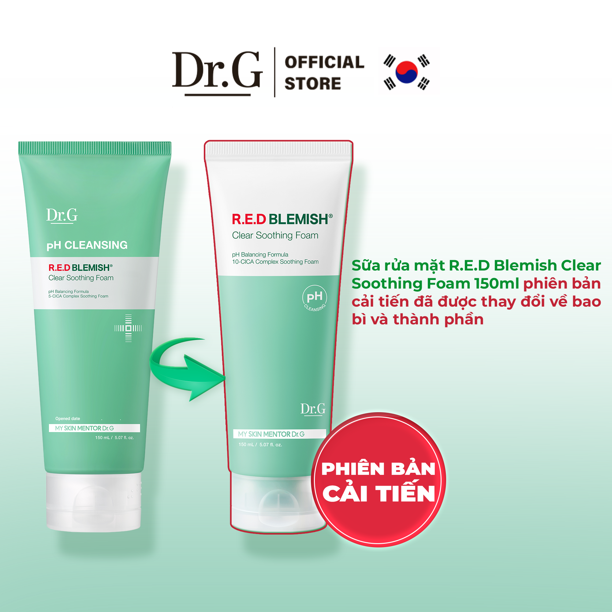 Sữa rửa mặt tạo bọt giúp sạch sâu bã nhờn cho da dầu mụn Dr.G R.E.D Blemish Clear Soothing Foam 150ml