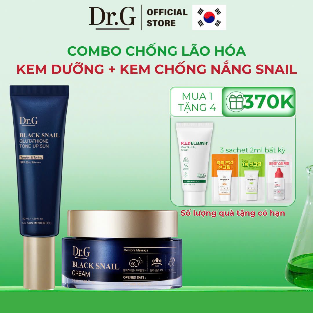 Combo Dr.G Kem dưỡng Black Snail Cream 50ml + Dr.G Kem chống nắng Black Snail Glutathione Tone Up Sun 50ml