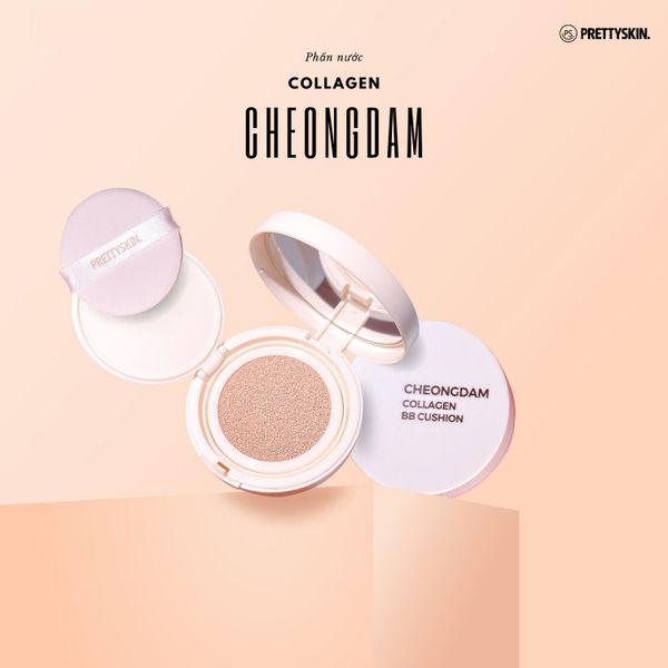 PHẤN NƯỚC PRETTY SKIN CHEONGDAM COLLAGEN BB CUSHION 2 LÕI MÀU VÀNG [MUA 1 PHẤN NƯỚC TẶNG 1 SERUM VITAMIN C QUÝT XANH BERGAMO 10ML]