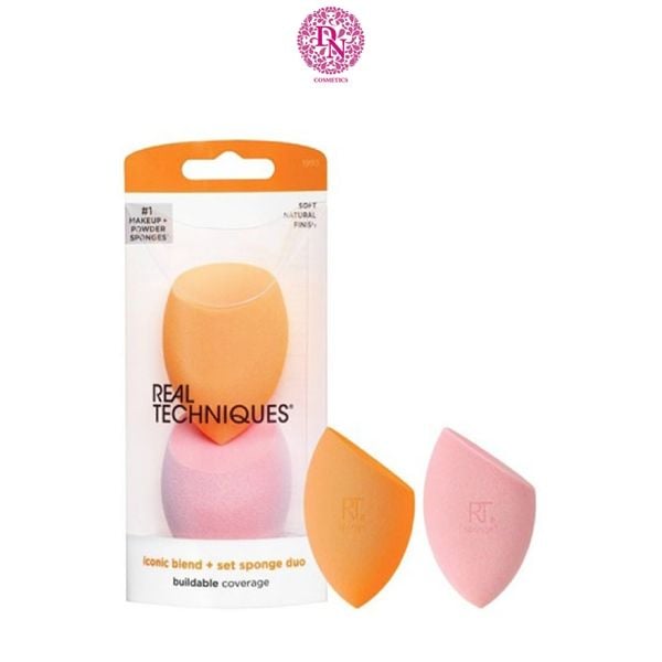 SET 2 BÔNG MÚT TÁN NỀN REAL TECHNIQUES MIRACLE COMPLEXION ICONIC BLEND + SET SPONGE DUO MÀU HỒNG CAM