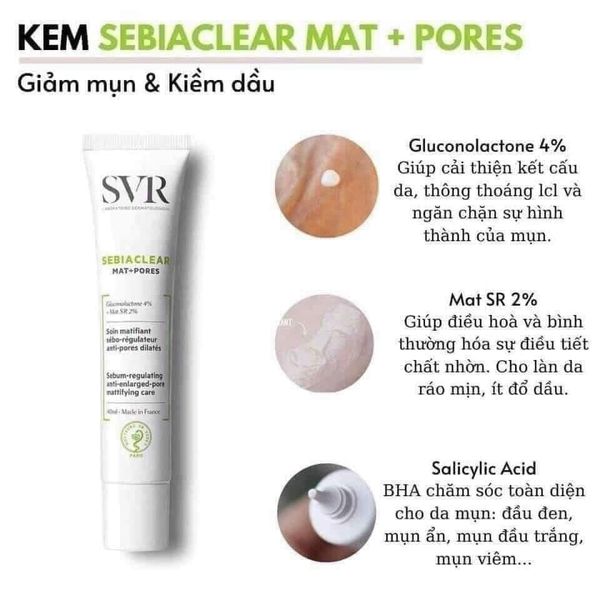 KEM DƯỠNG GIẢM MỤN SVR SEBIACLEAR MAT+PORES SEBUM-REGULATING ANTI-ENLARGED-PORE MATTIFYING CARE CREAM