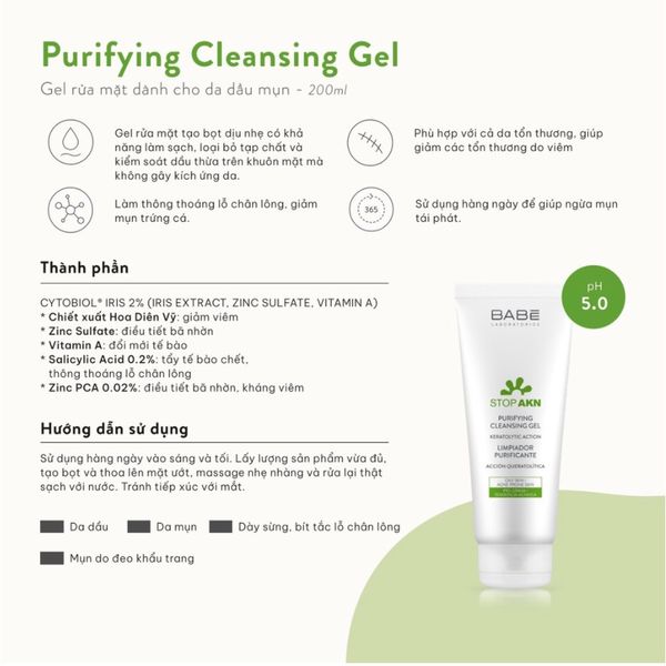 SỬA RỬA MẶT BABE STOP AKN PURIFYING CLEANSING GEL 200ML