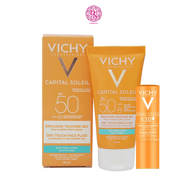 SET KEM CHỐNG NẮNG VICHY IDEAL SOLEIL SPF 50 EMULSION ANTI-BRILLANCE TOUCHER SEC MATTIFYING DRY TOUCH FACE FLUID 50ML + SON 4.7ML