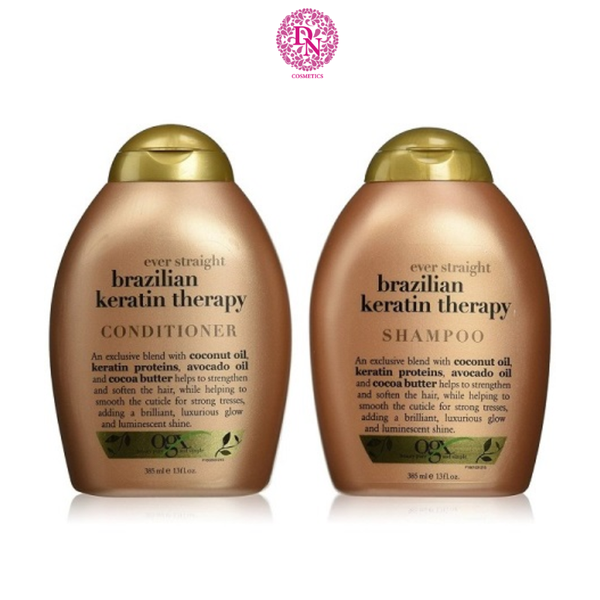 DẦU GỘI XẢ OGX EVER STRAIGHTENING + BRAZILIAN KERATIN THERAPY 385ML MÀU NÂU ( (TẶNG SỮA TẮM NGĂN MÙI PERSPI-GUARD ODOUR CONTROL BODY WASH 200ML))