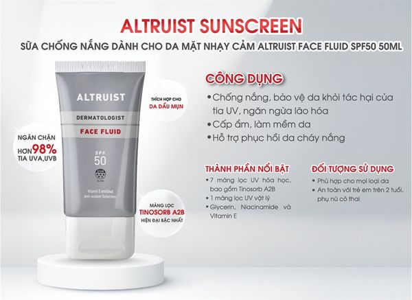 KEM CHỐNG NẮNG DÀNH CHO DA NHẠY CẢM ALTRUIST DERMATOLOGIST FACE FLUID SPF50