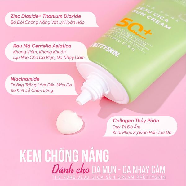 KEM CHỐNG NẮNG RAU MÁ PRETTY SKIN THE PURE JEJU CICA SUN CREAM 50ML  [MUA 1 KCN TẶNG 1 MẶT NẠ OHESI 25K]