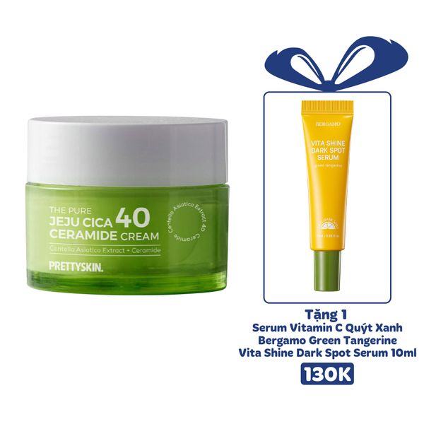 KEM DƯỠNG TRẮNG DA RAU MÁ PRETTY SKIN THE PURE JEJU CICA 40 CERAMIDE CREAM 52ML [MUA 1 KEM DƯỠNG TẶNG 1 SERUM VITAMIN C QUÝT XANH BERGAMO 10ML