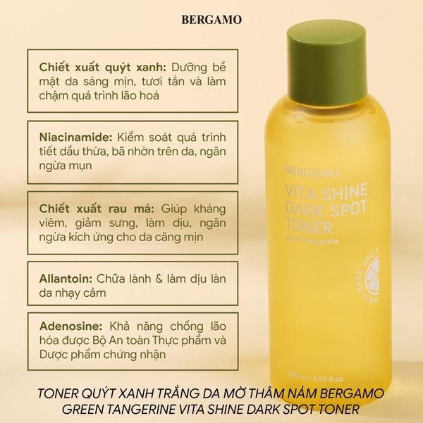 TONER QUÝT XANH TRẮNG DA MỜ THÂM NÁM BERGAMO GREEN TANGERIN VITA SHINE DARK SPOT TONER 180ML