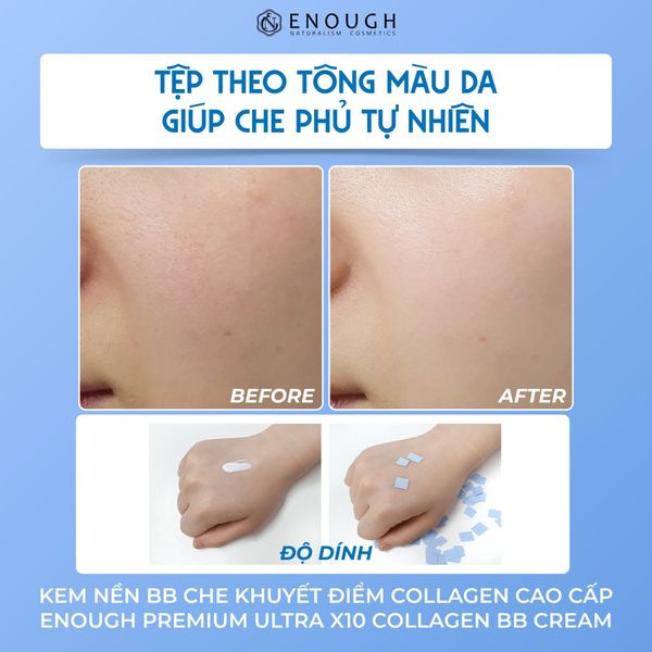 KEM NỀN BB CHE KHUYẾT ĐIỂM COLLAGEN CAO CẤP ENOUGH PREMIUM ULTRA X10 COLLAGEN BB CREAM 50G - MÀU XANH