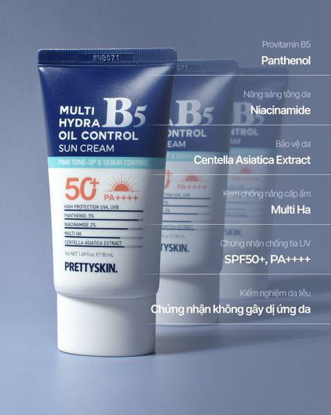 KEM CHỐNG NẮNG PHỤC HỒI PRETTY SKIN MULTI HYDRA B5 OIL CONTROL SUN CREAM DÀNH CHO DA DẦU 50ML [MUA 1 KEM CHỐNG NẮNG TẶNG 1 SERUM QUÝT XANH 10ML]