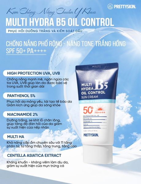 KEM CHỐNG NẮNG PHỤC HỒI PRETTY SKIN MULTI HYDRA B5 OIL CONTROL SUN CREAM DÀNH CHO DA DẦU 50ML [MUA 1 KEM CHỐNG NẮNG TẶNG 1 SERUM QUÝT XANH 10ML]