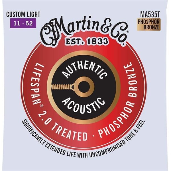 Martin MA535T Authentic Acoustic Lifespan 2.0 Phosphor Bronze Acoustic Guitar Strings, Custom Light, 11-52
