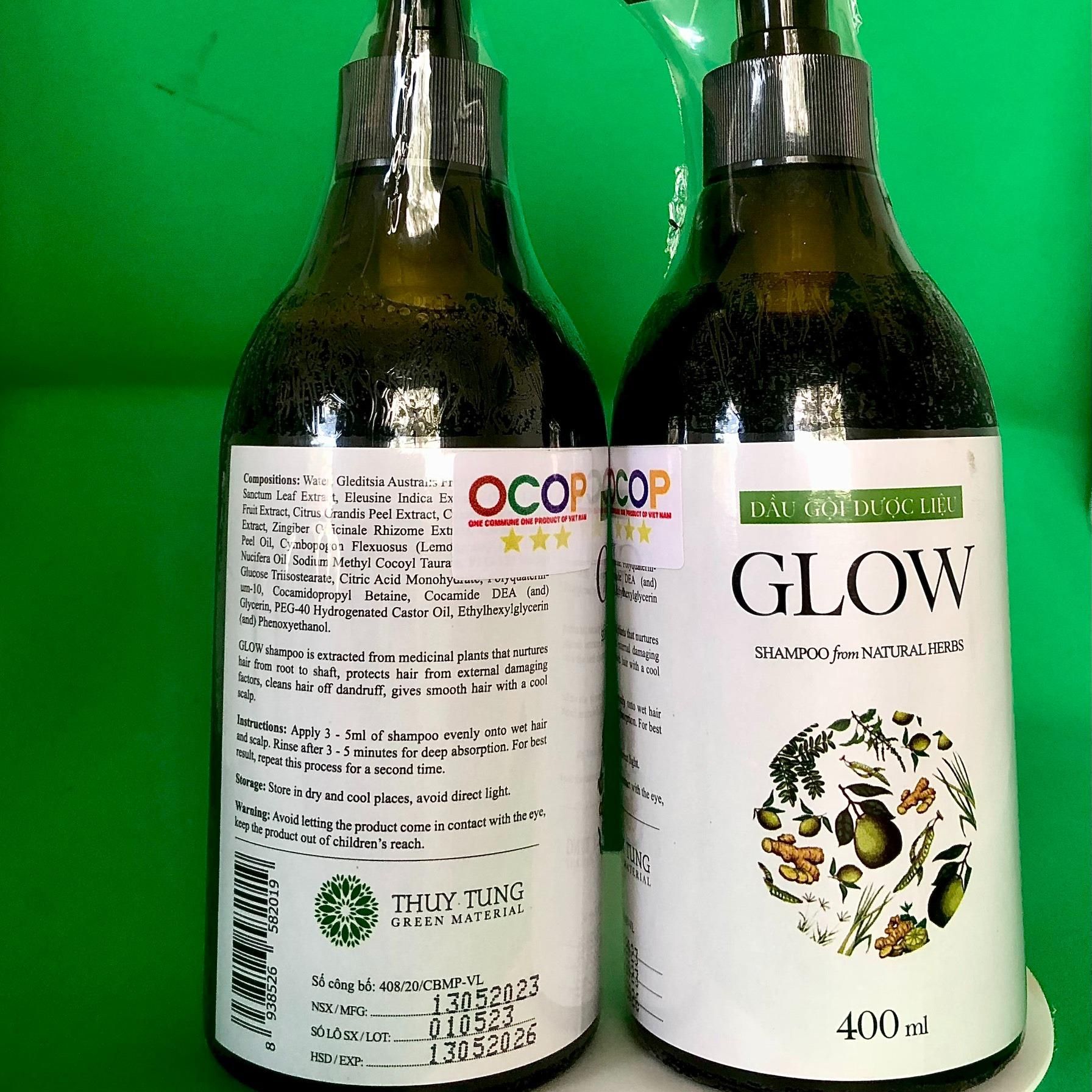 Dầu gội dược liệu GLOW 400ml được chiết xuất từ bồ kết, hương nhu tía, mần trầu, chanh, sả, gừng, vỏ bưởi