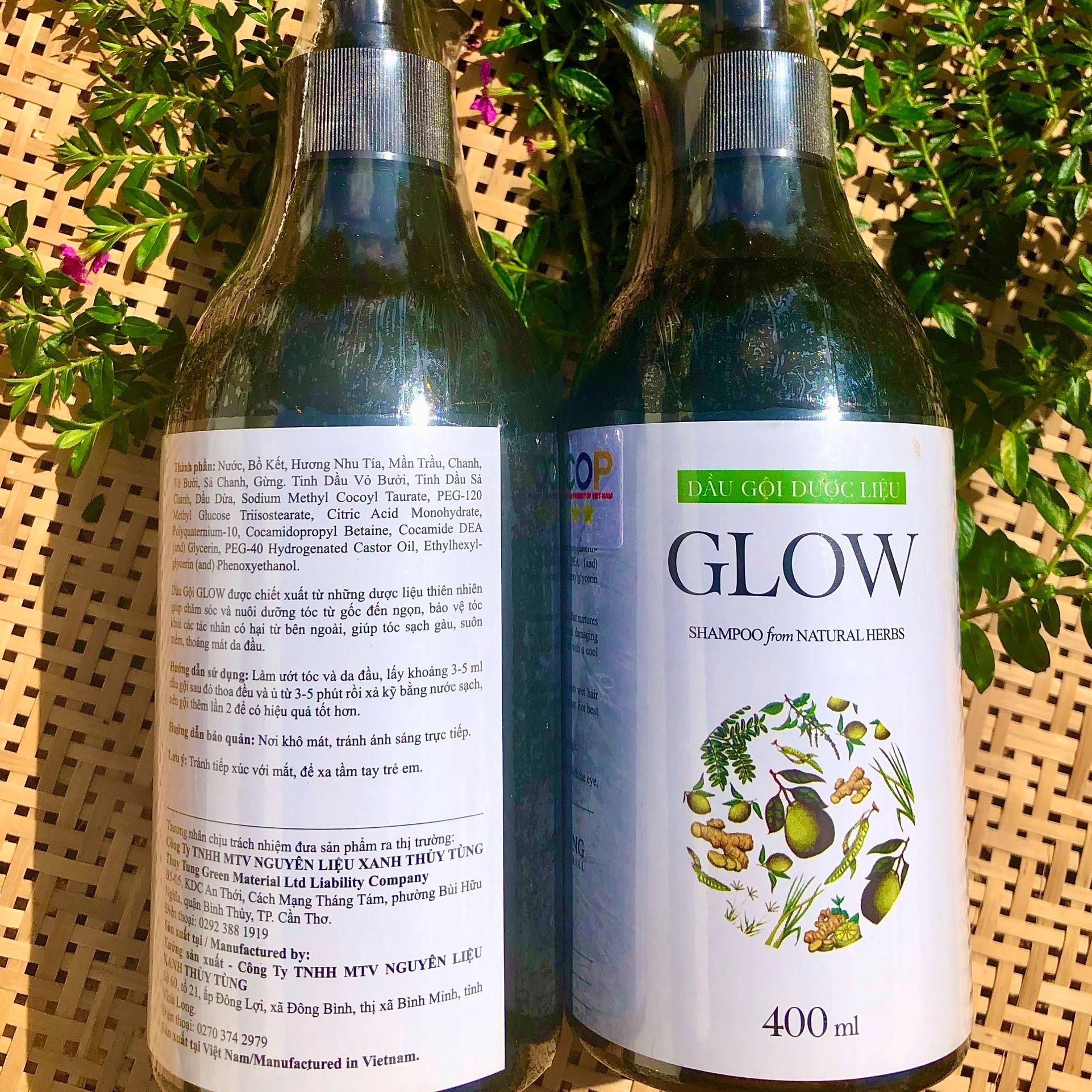 Dầu gội dược liệu GLOW 400ml được chiết xuất từ bồ kết, hương nhu tía, mần trầu, chanh, sả, gừng, vỏ bưởi