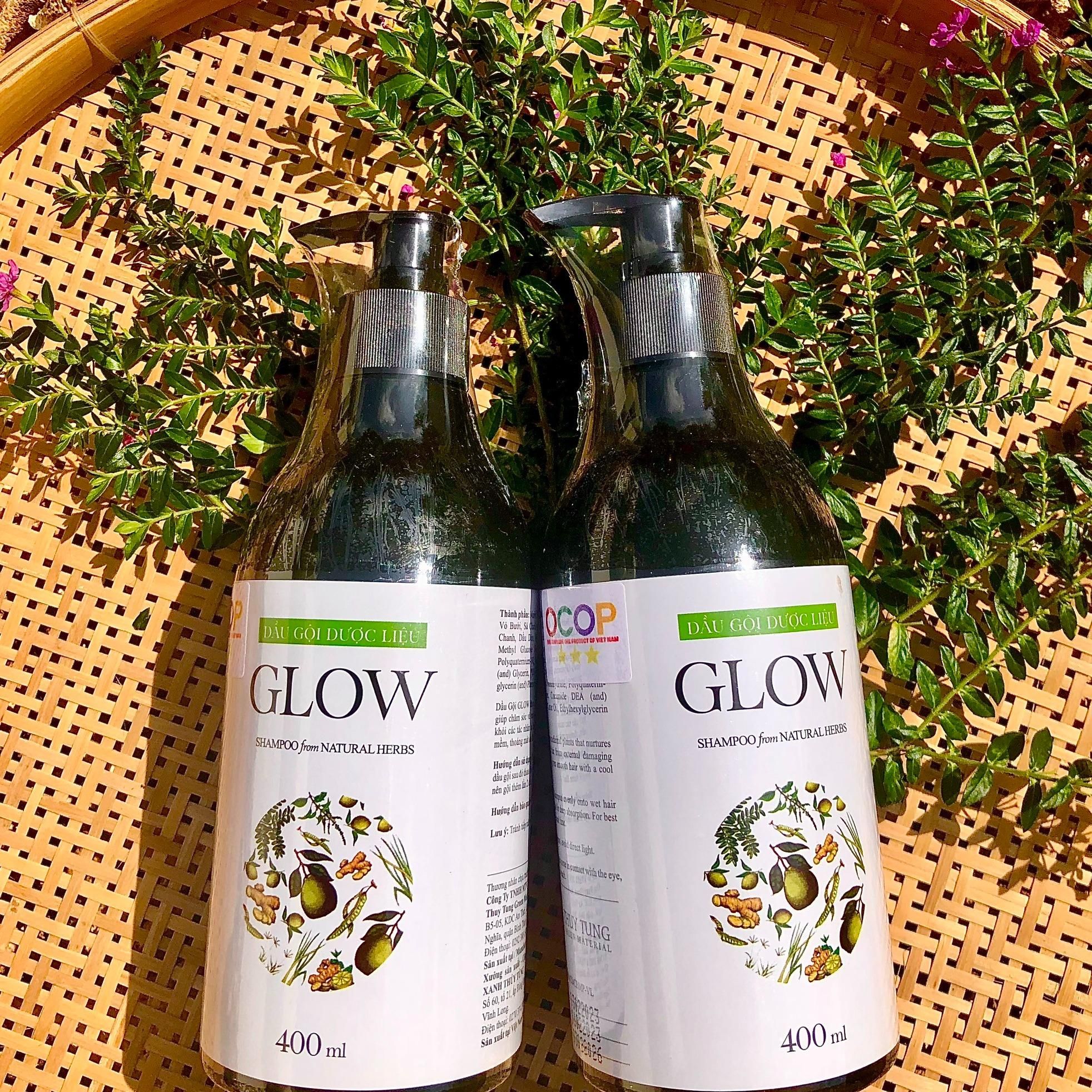 Dầu gội dược liệu GLOW 400ml được chiết xuất từ bồ kết, hương nhu tía, mần trầu, chanh, sả, gừng, vỏ bưởi